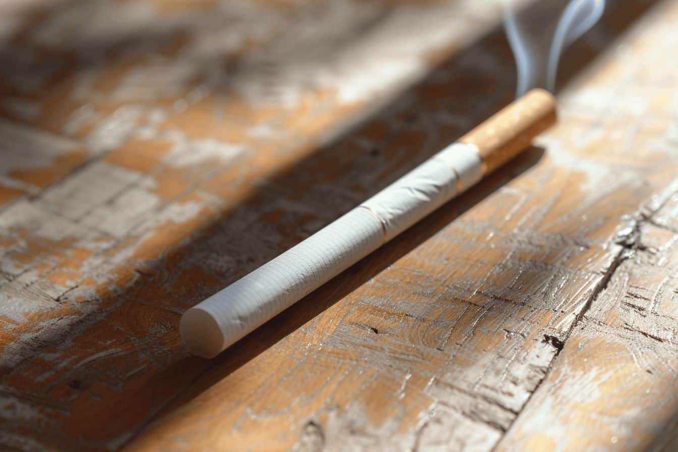 Fumeur âgé réfléchissant aux effets sur sa santé  
Cendrier plein avec une cigarette éteinte à côté