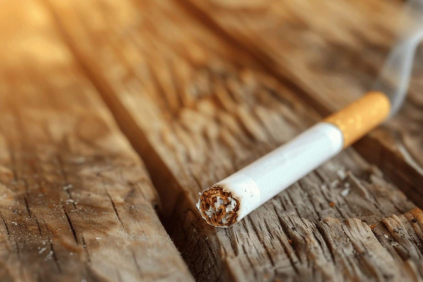 Fumeur regardant une cigarette allumée dans sa main  
Cigarette sur une table avec cendres et fumée autour